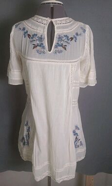 Free People XS Victorian Embroidered Floral Shift Mini Dress Cottage Prairie